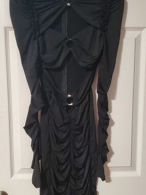 Fashion Nova Black Ruched Cutout Long Sleeve Ring-Detail Dress
